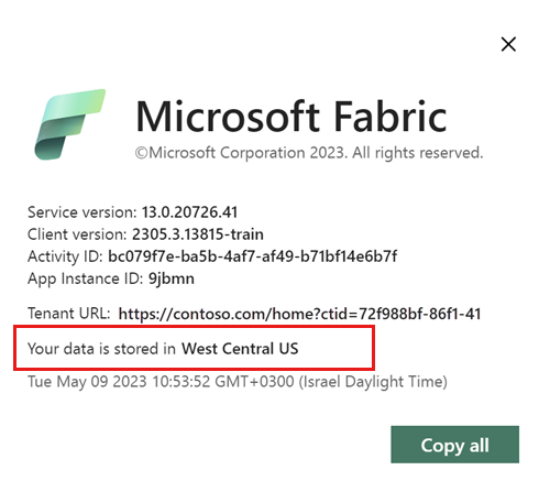 Captura de pantalla en la que se muestra la ventana Acerca de Microsoft Fabric con la ubicación de almacenamiento destacada.