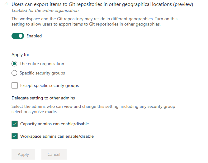 Captura de pantalla del modificador de inquilino de Administración portal que permite exportar elementos a otras ubicaciones geográficas.