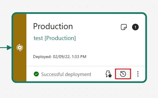 Captura de pantalla del botón del historial de canalizaciones de implementación para la fase de producción