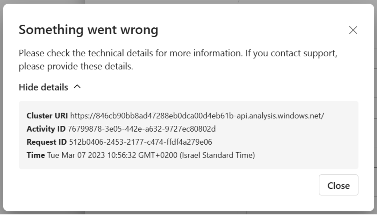 Captura de pantalla del mensaje de error cuando el área de trabajo no se puede conectar.