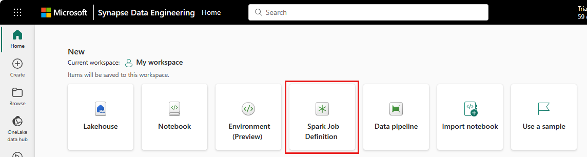 Captura de pantalla que muestra dónde seleccionar la tarjeta de definición de trabajo de Spark.