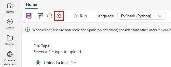 Captura de pantalla que muestra el icono de configuración de definición de trabajo de Spark