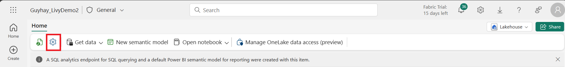 Recorte de pantalla que muestra la configuración del almacén de lago de datos.