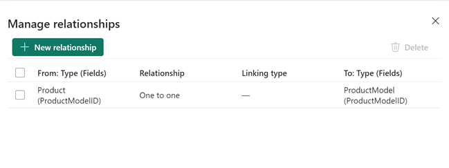 Captura de pantalla de la pantalla Administrar relaciones que muestra la relación recién creada en la lista.