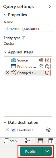 Captura de pantalla del panel de configuración de consultas que contiene el botón Publicar.