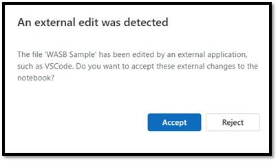 Screenshot of the dialog box that notifies portal users that an external edit was detected. It includes an Accept and a Reject button.