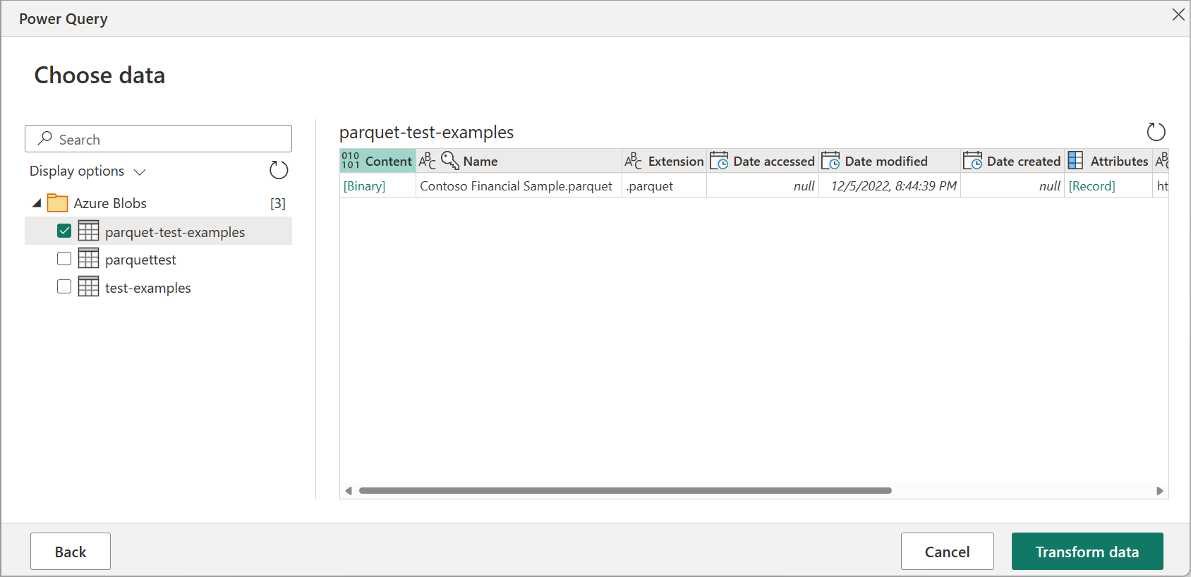 Captura de pantalla que muestra la ventana Elegir datos Power Query con un elemento seleccionado y los datos del elemento que se muestran en el panel derecho.