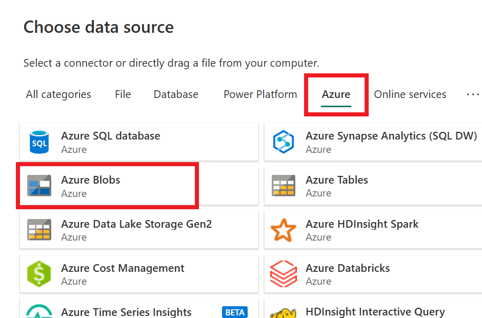 Captura de pantalla que muestra Elegir origen de datos con la categoría de Azure y el conector de blobs de Azure resaltado.