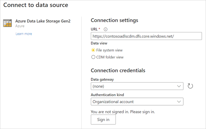 Captura de pantalla que muestra la página Conectar al origen de datos de un elemento Fabric para Azure Data Lake Storage Gen2 de un elemento Fabric, con la dirección URL especificada.