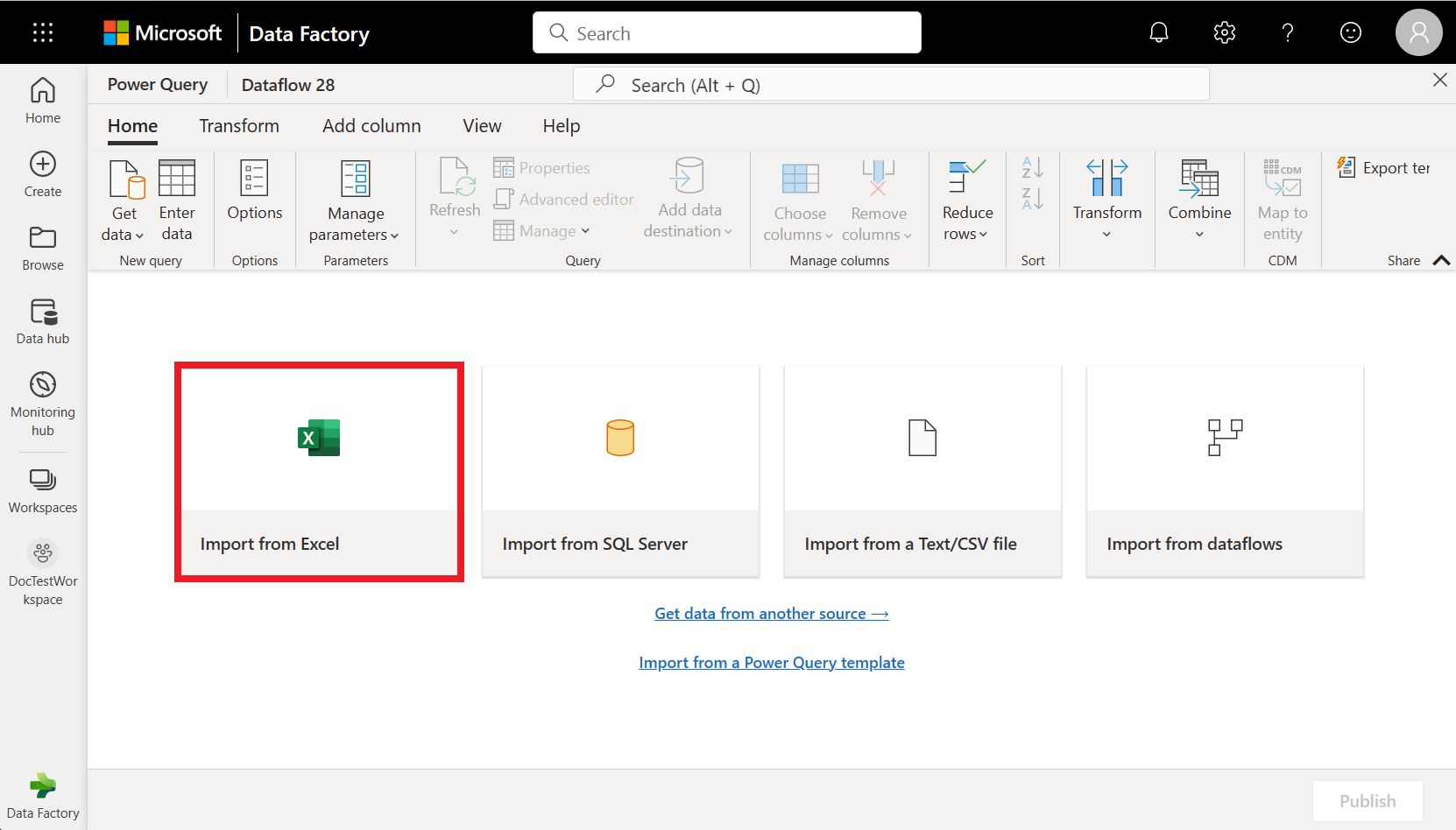 Captura de pantalla que muestra el área de trabajo de Power Query con la opción Importar desde Excel resaltada.