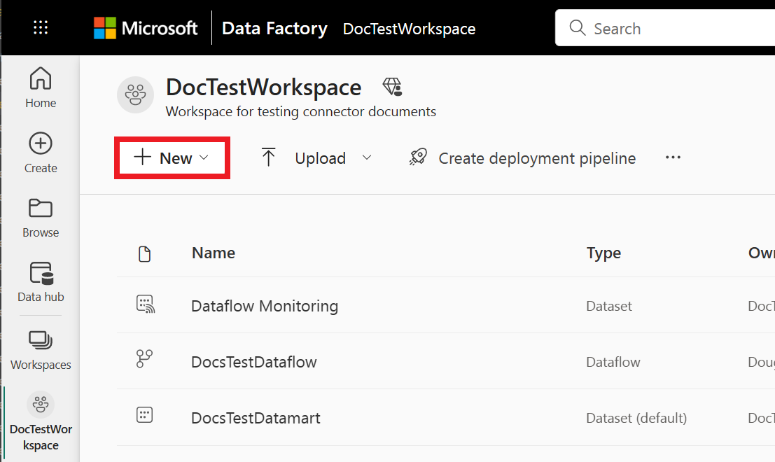 Captura de pantalla de la selección de Dataflow Gen2 en el área de trabajo de Data Factory.