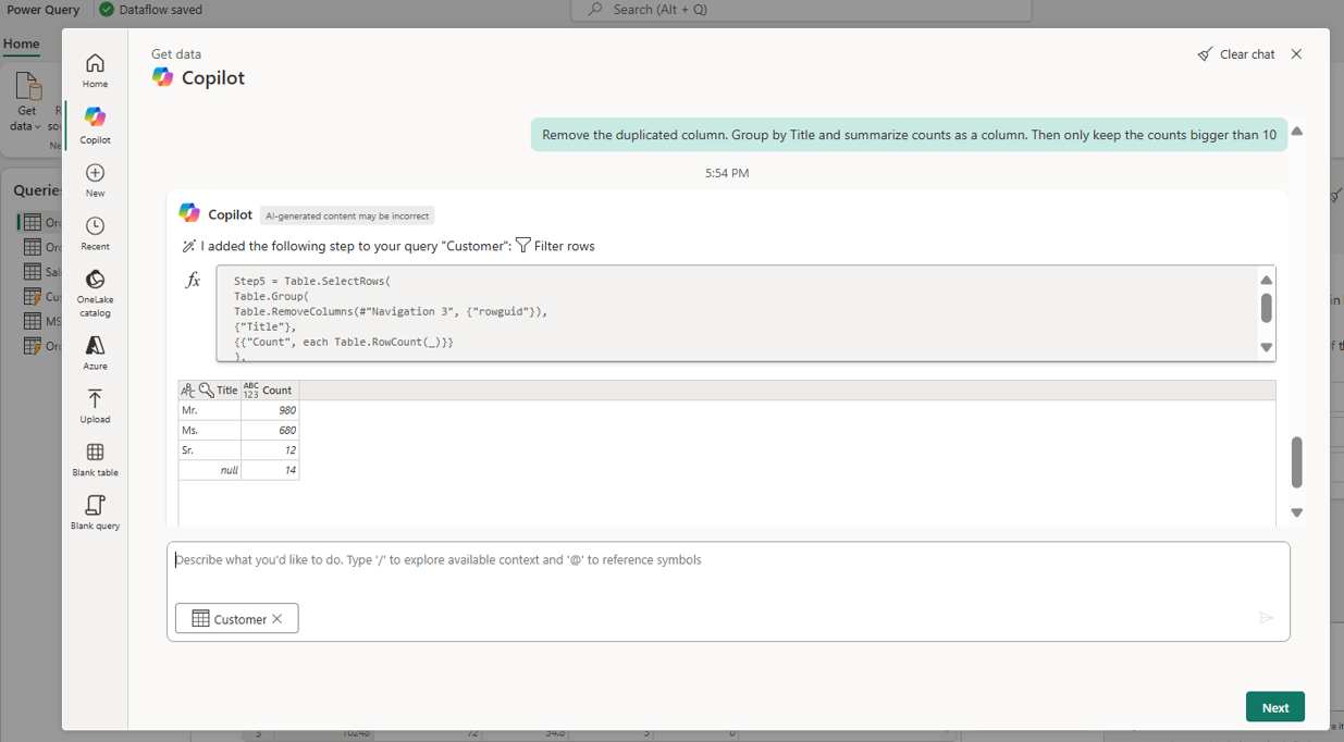 Captura de pantalla de todas las operaciones con Copilot.