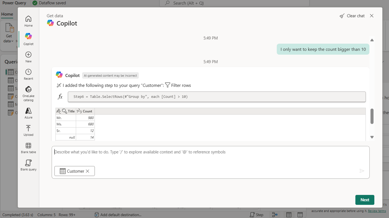 Captura de pantalla de la agrupación por datos mediante Copilot.