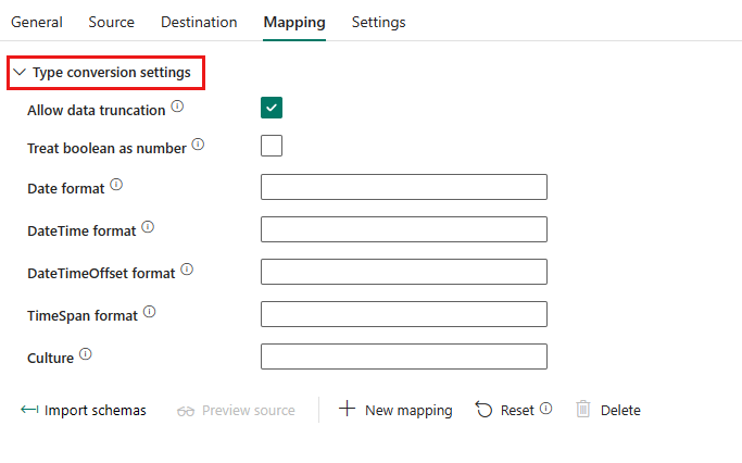 Screenshot of mapping type conversion.