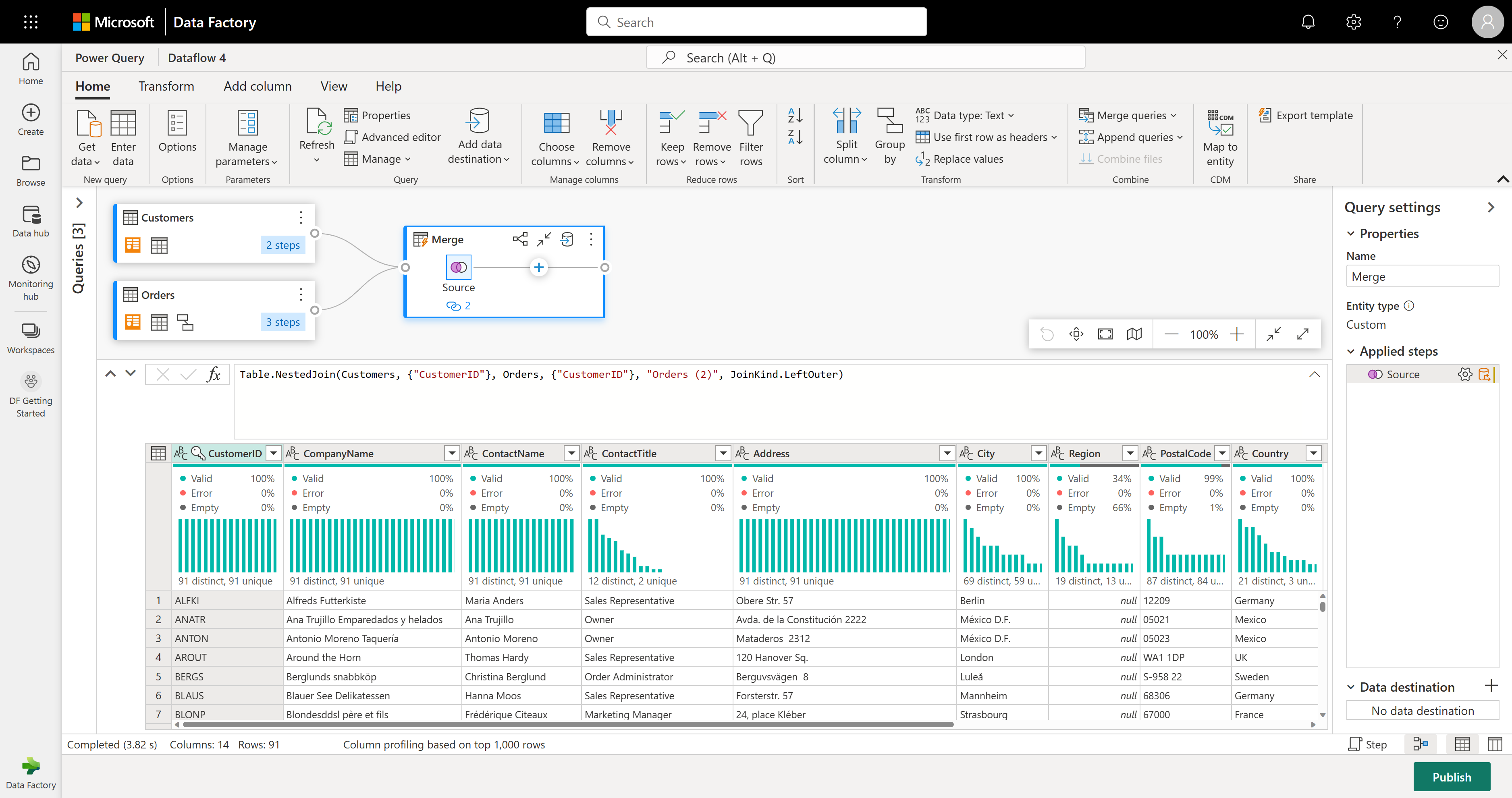 Captura de pantalla del editor de flujos de datos con la nueva consulta Combinar agregada a la derecha de las tablas Customers y Orders.