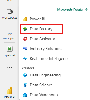 Screenshot with the data factory experience emphasized.