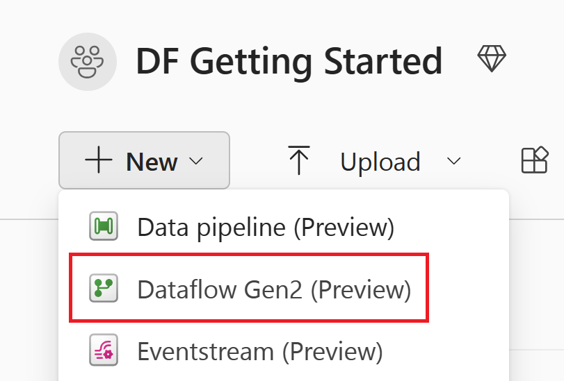 Captura de pantalla con la selección de Dataflow Gen2 resaltada.