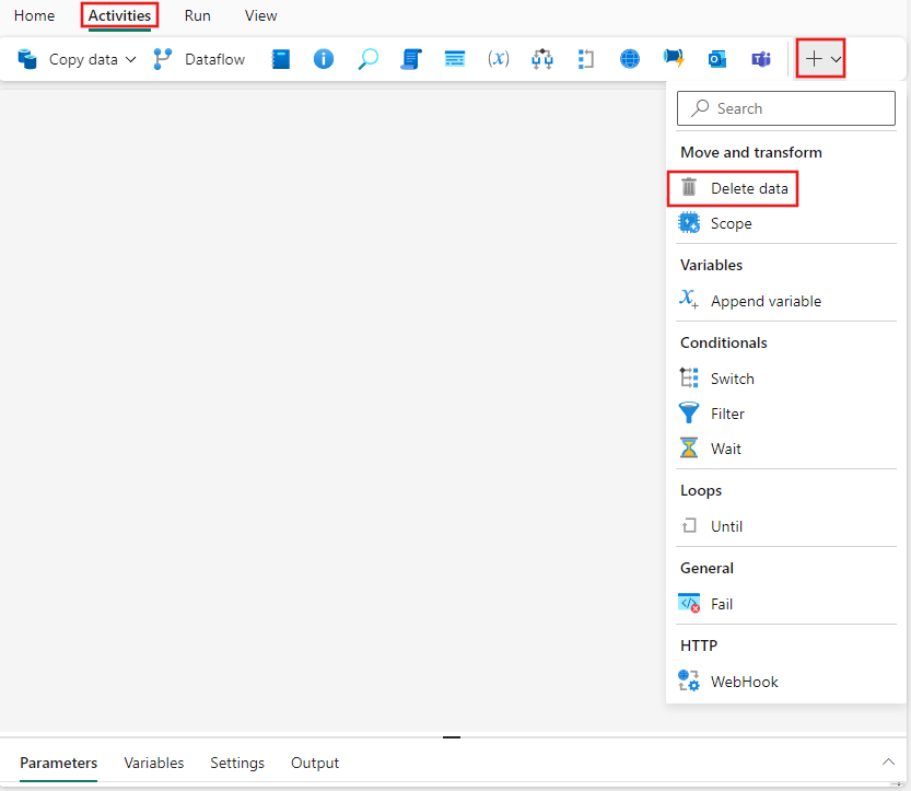 Captura de pantalla de la interfaz de usuario de Fabric con el panel Actividades y la actividad Eliminar datos resaltada.
