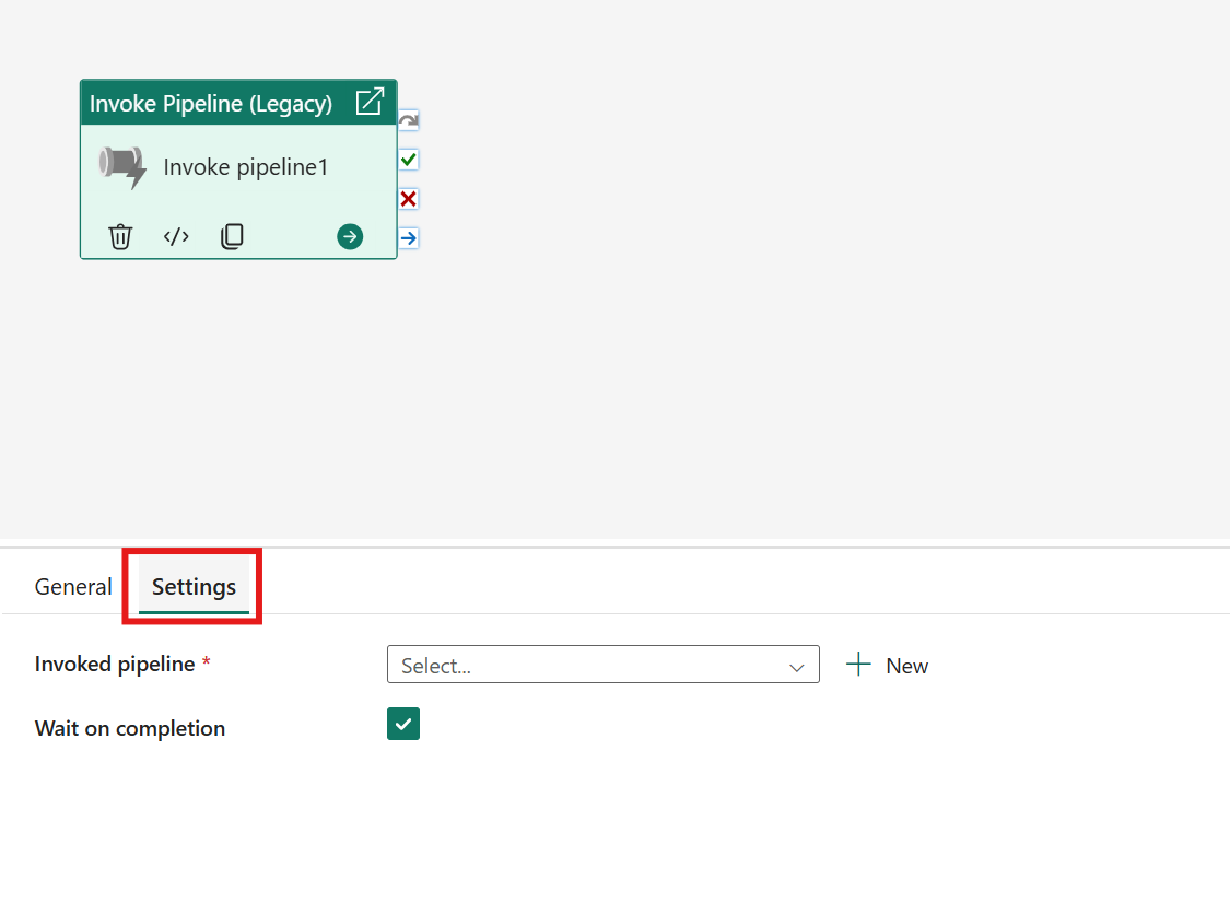 Captura de pantalla que muestra la pestaña de configuración de actividad de la canalización Invoke (heredada), destacando dicha pestaña.
