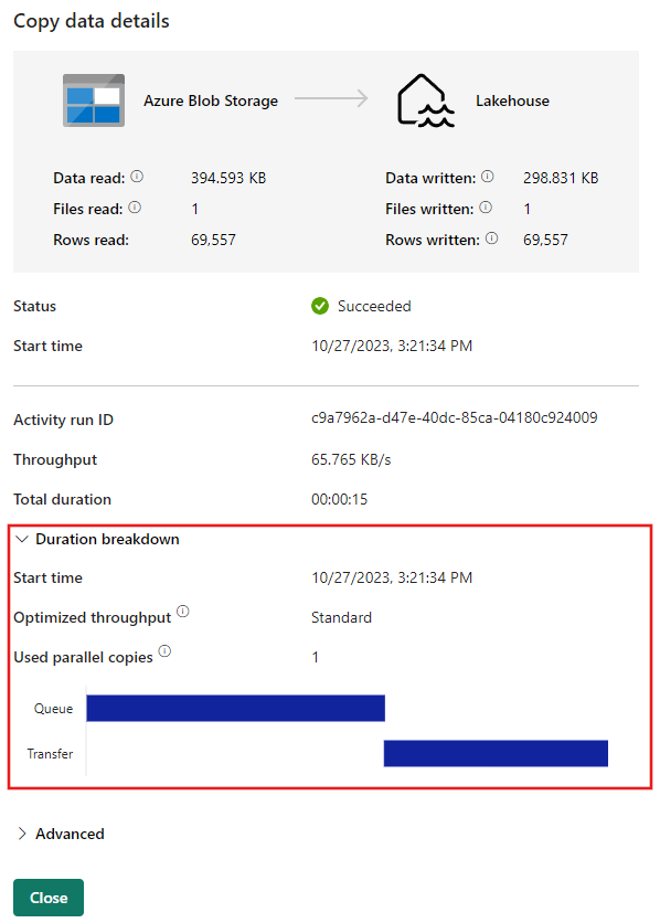 Screenshot of additional details for copy data run.