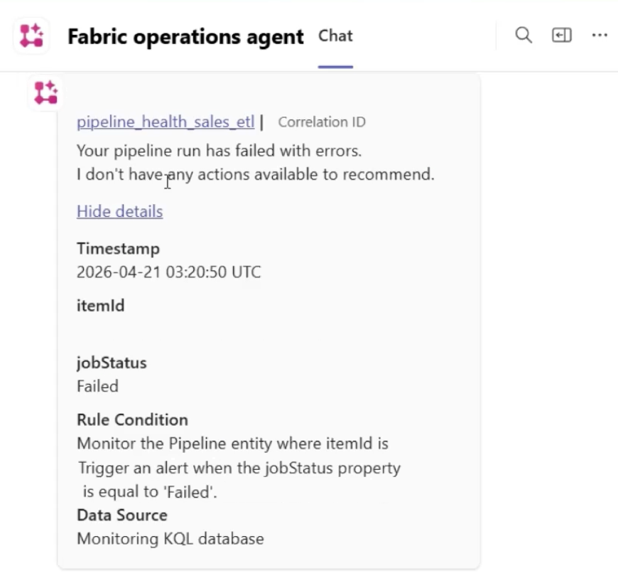 Captura de pantalla que muestra una notificación de Teams del agente de operaciones con información de supervisión sobre fallos en la canalización.