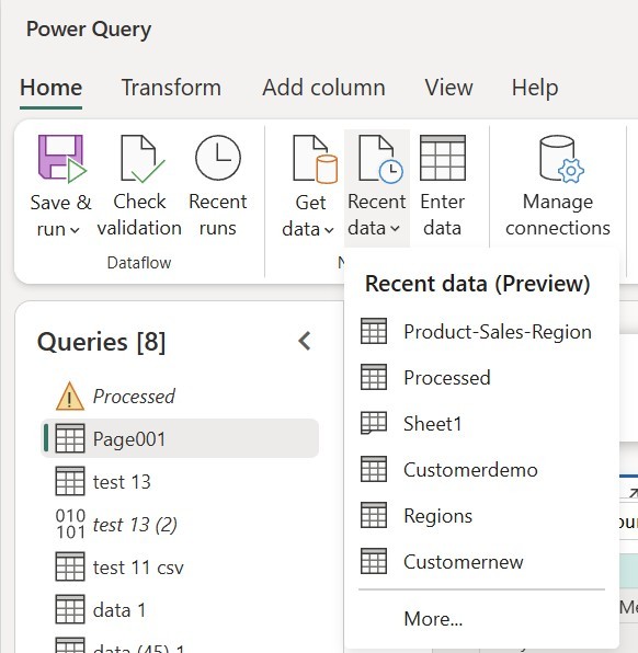 Captura de pantalla del acceso a datos recientes en la cinta de Power Query.