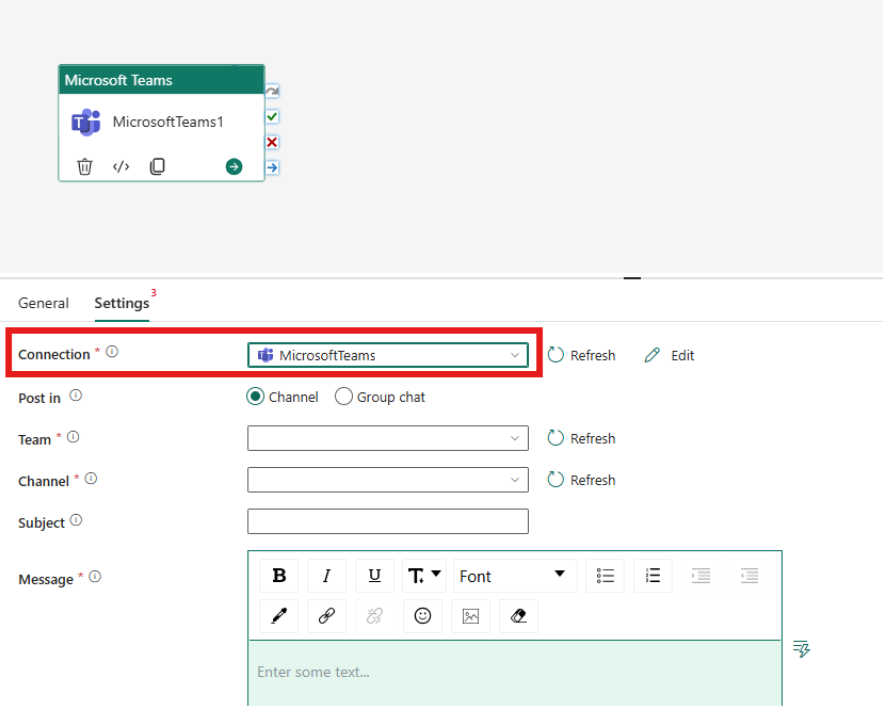 Captura de pantalla que muestra la pestaña Configuración de la actividad en Teams, destacando dónde crear una nueva conexión o usar una conexión existente.