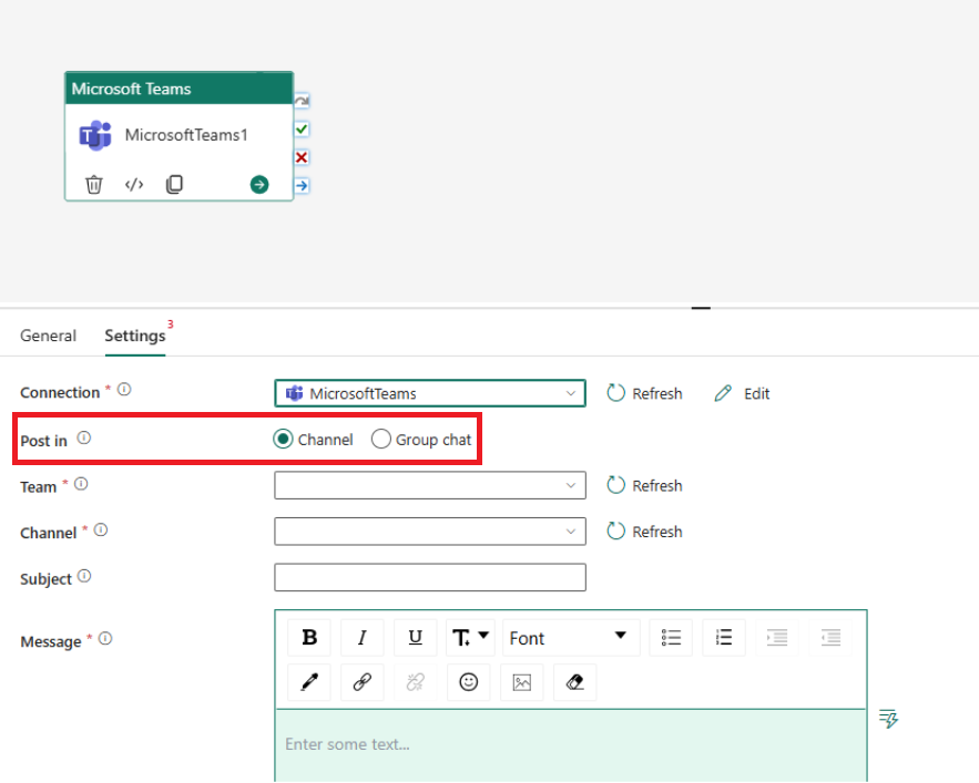 Captura de pantalla que muestra la pestaña Configuración de la actividad de Teams donde se puede seleccionar publicar en un canal o en un chat de grupo.