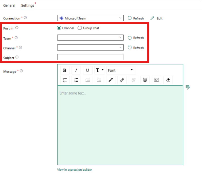 Captura de pantalla donde se muestra la pestaña Configuración de la actividad de Teams destacando los cuadros para agregar el asunto.