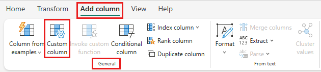 Screenshot showing the Add custom column button highlighted on the General section of the Add column tab.