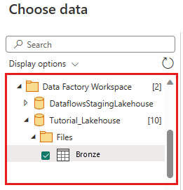 Screenshot showing the Lakehouse browser with the workspace, lakehouse, and table created with the Copy activity in module 1.