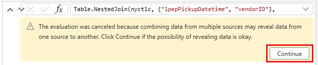 Screenshot showing the warning about combining data from multiple data sources with the Continue button highlighted.