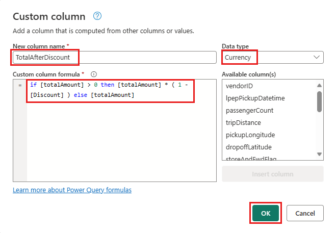 Screenshot showing the Custom column configuration screen with the New column name, Data type and Custom column formula highlighted.