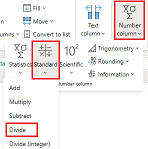 Screenshot showing the selection of the Divide option to transform data in the Discount column.