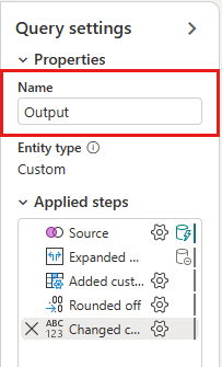 Screenshot showing the renaming of the query from Merge to Output.