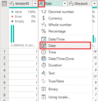 Screenshot showing the selection of the Date data type for the Date column.