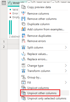 Screenshot showing the context menu for the VendorID column with the Unpivot other columns selection highlighted.