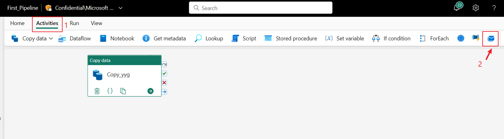 Captura de pantalla que muestra la selección de la actividad de Office 365 Outlook en la barra de herramientas Actividades del menú del editor de canalizaciones.
