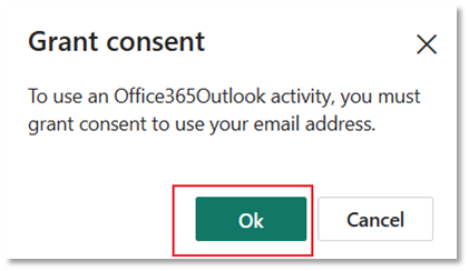 Captura de pantalla que muestra el cuadro de diálogo Conceder consentimiento solicitando permiso para usar la dirección de correo electrónico.