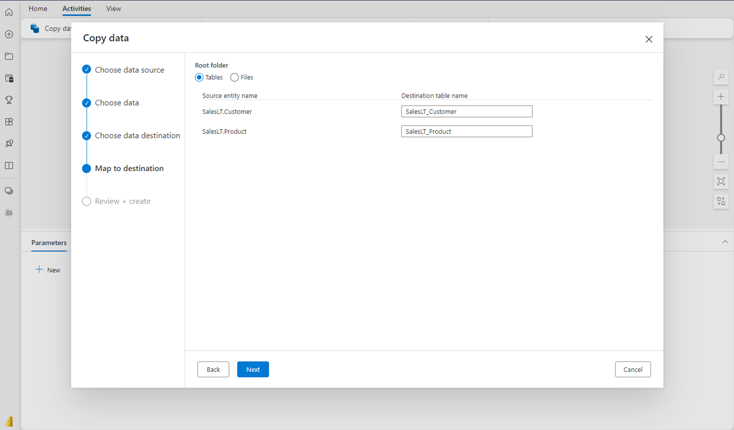 Screenshot of where to select your table destination.