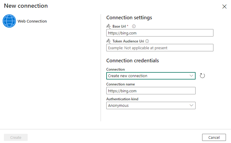 Screenshot showing the new connection dialog for the WebHook activity.