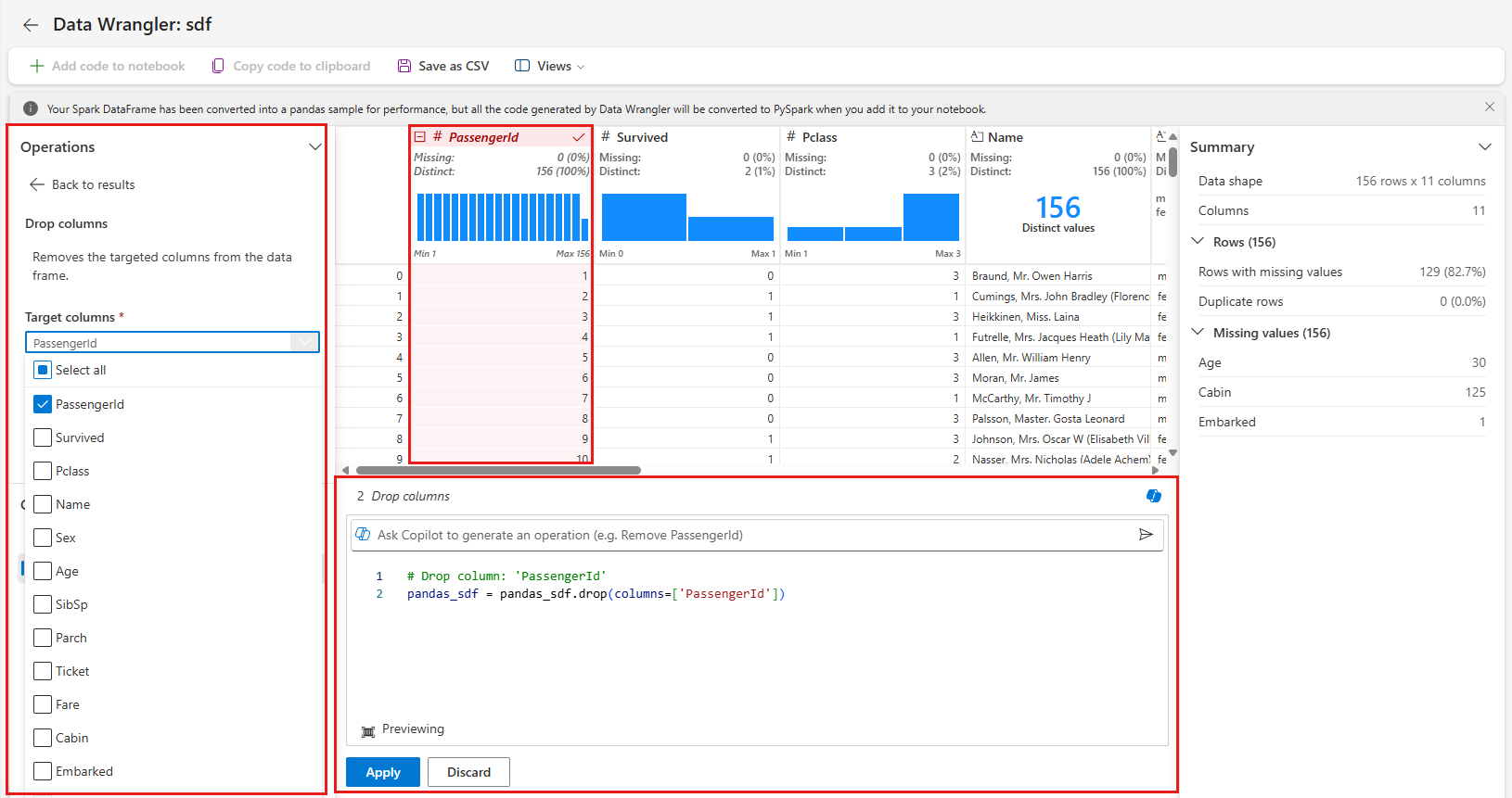 Captura de pantalla que muestra una operación de Data Wrangler en curso.