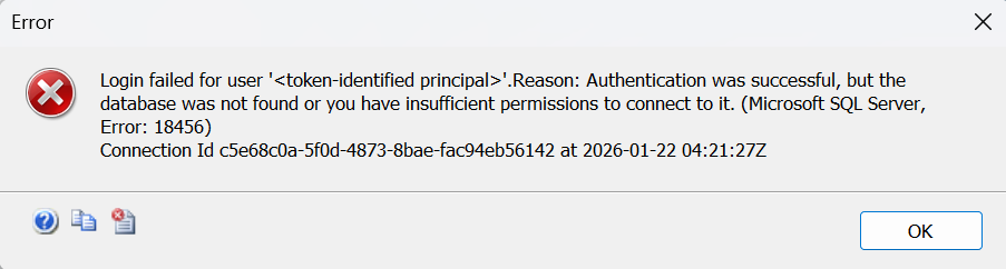 Captura de pantalla del mensaje de error de SSMS cuando no se proporciona un catálogo inicial válido.