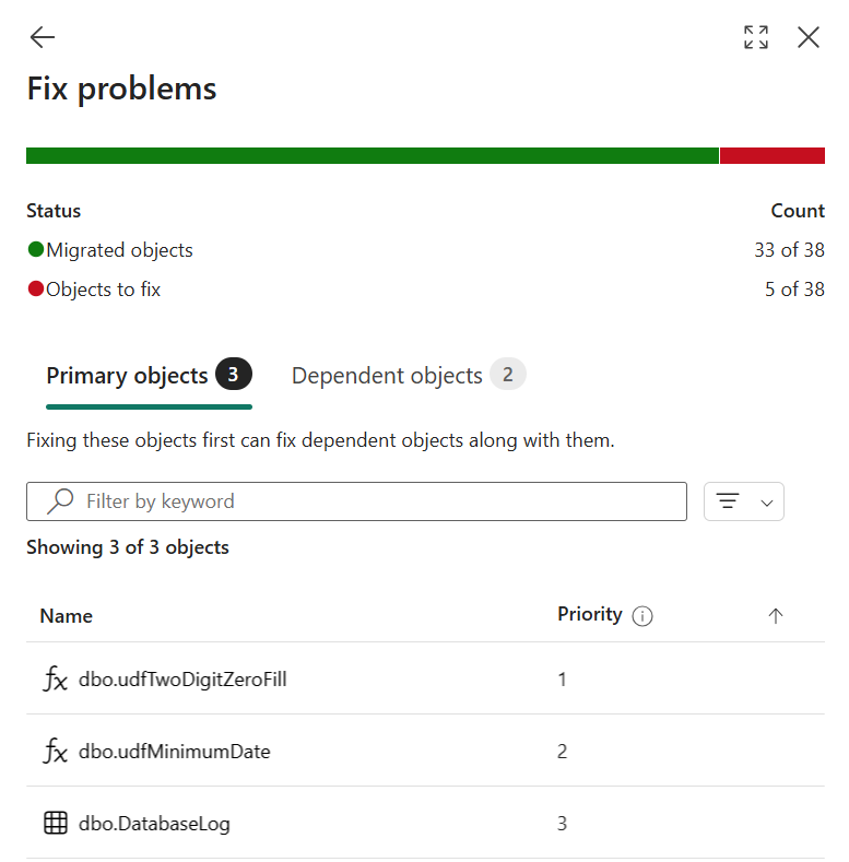 Recorte de pantalla de la lista Solucionar problemas de Migration Assistant en el portal de Fabric.