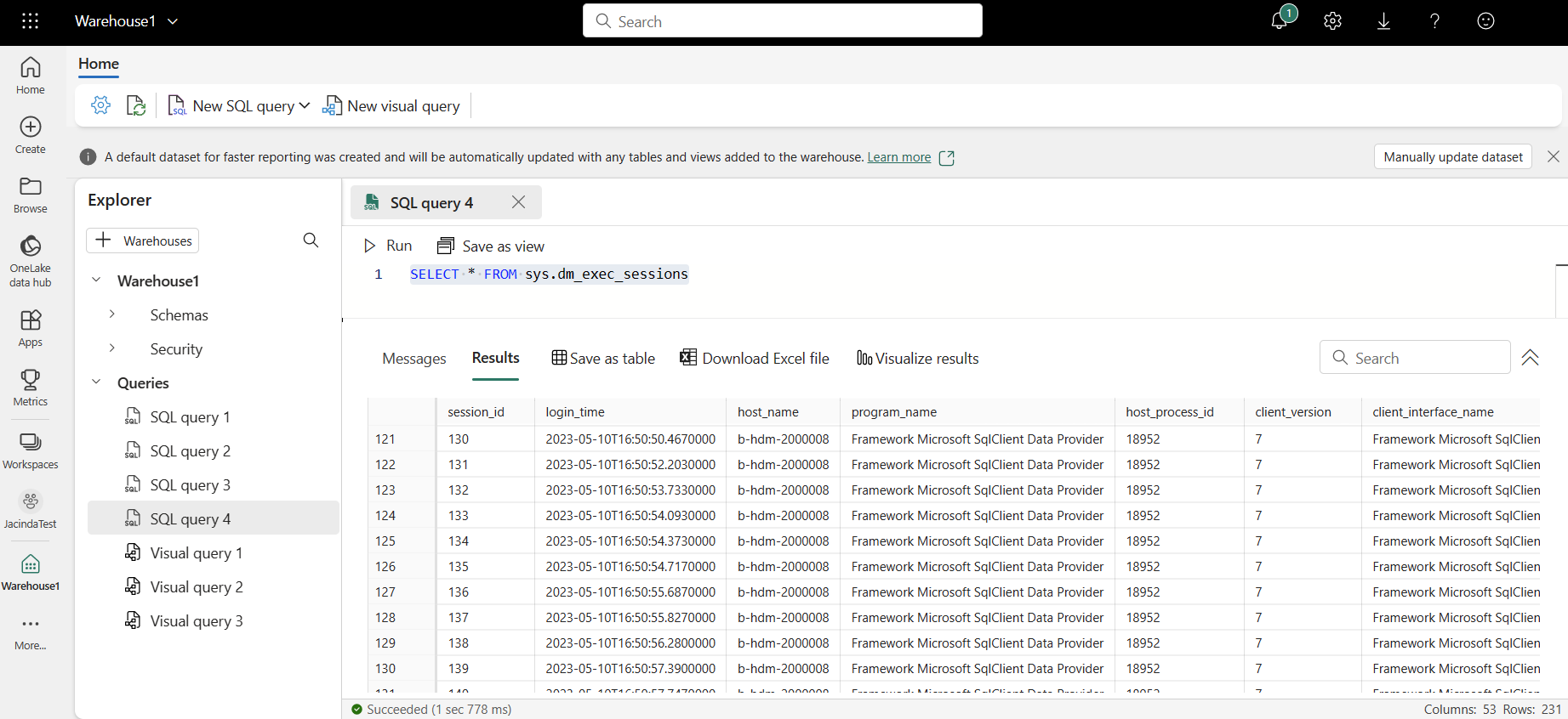 Captura de pantalla que muestra los resultados de sys.dm_exec_sessions.