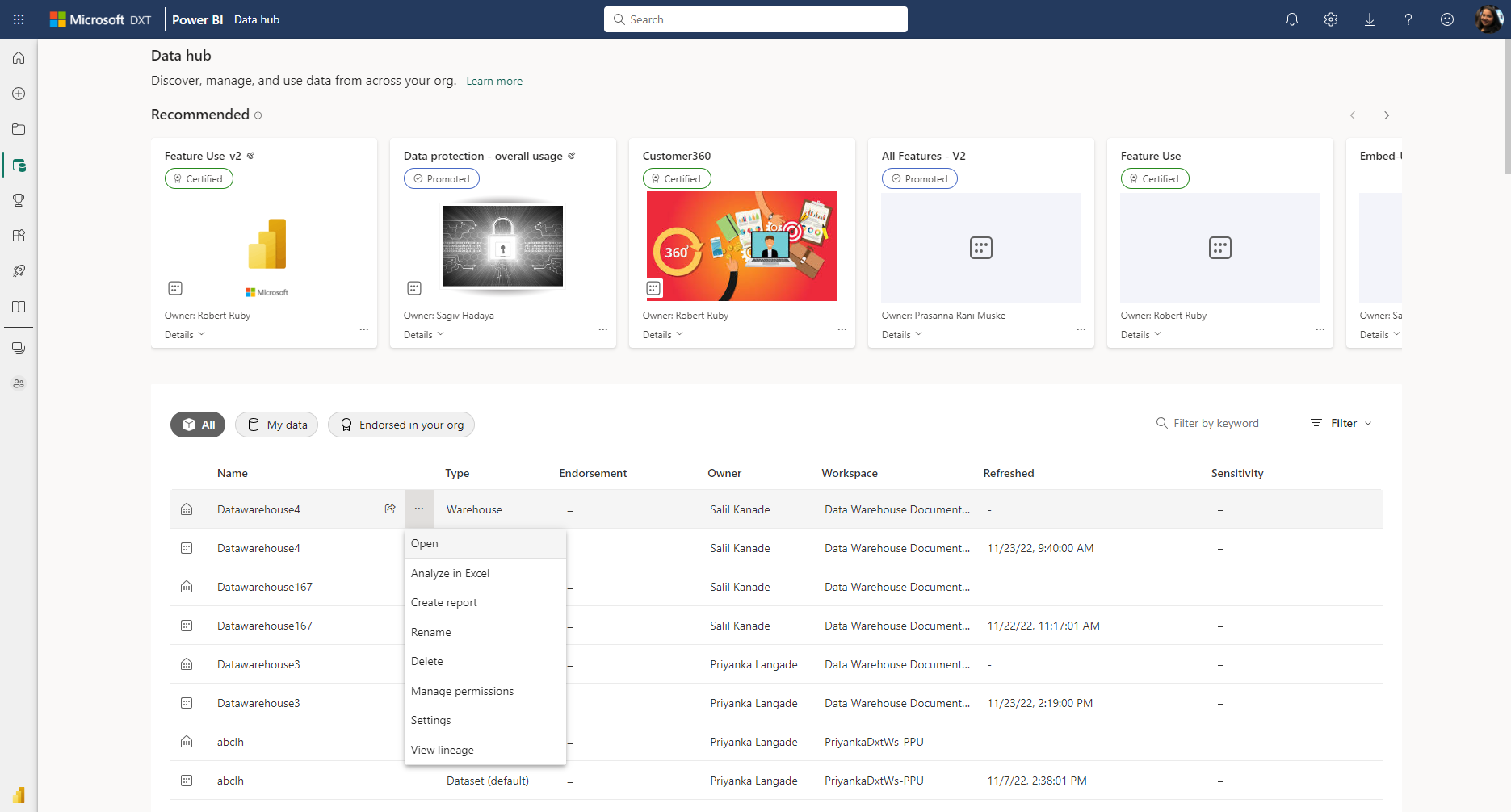 Captura de pantalla del centro de datos de Power BI.