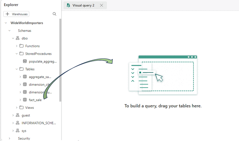 Captura de pantalla del panel Explorador junto al panel Diseño de consulta, que muestra dónde arrastrar la tabla.