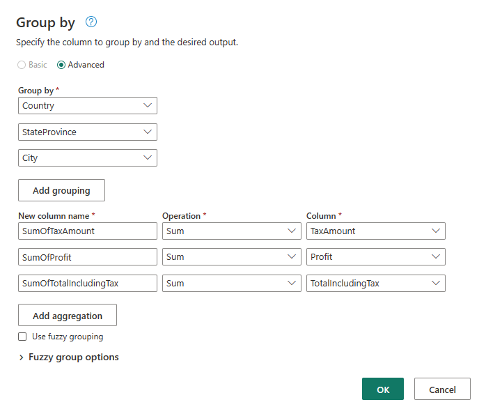 Captura de pantalla de la página de configuración Agrupar por con los valores correctos introducidos y seleccionados.