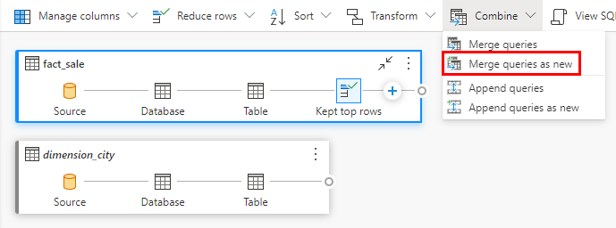 Captura de pantalla de la cinta de opciones de transformaciones con el menú desplegable Combinar abierto, que muestra dónde seleccionar Combinar consultas como nuevas.