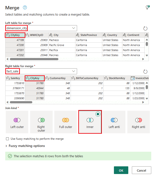 Captura de pantalla del cuadro de diálogo Combinar, que muestra dónde encontrar los nombres de tabla y los campos CityKey.